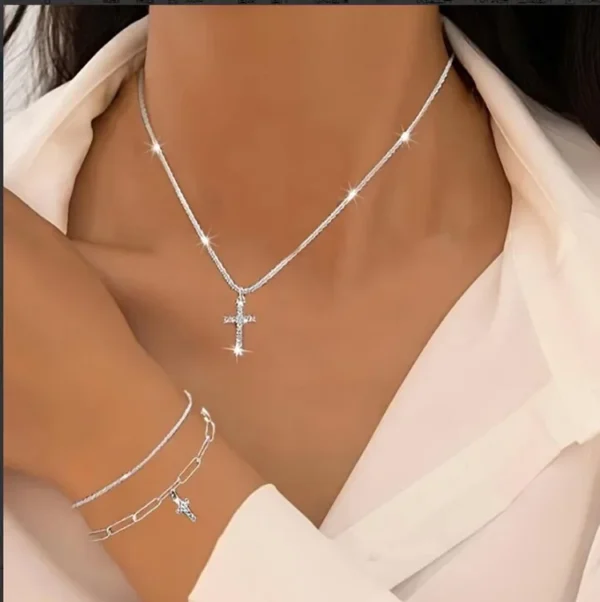 Sparkling Silver Color Cross Bracelet, Necklace Set for Women - Image 2